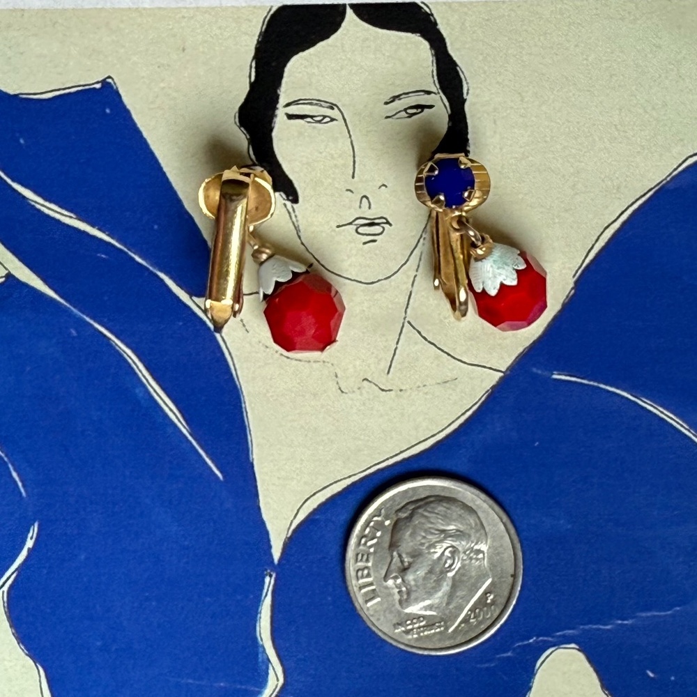 HANDMADE VINTAGE Earrings Patriotic Beaded Dangle Small Clip Red White Blue Gold - Picture 3 of 5